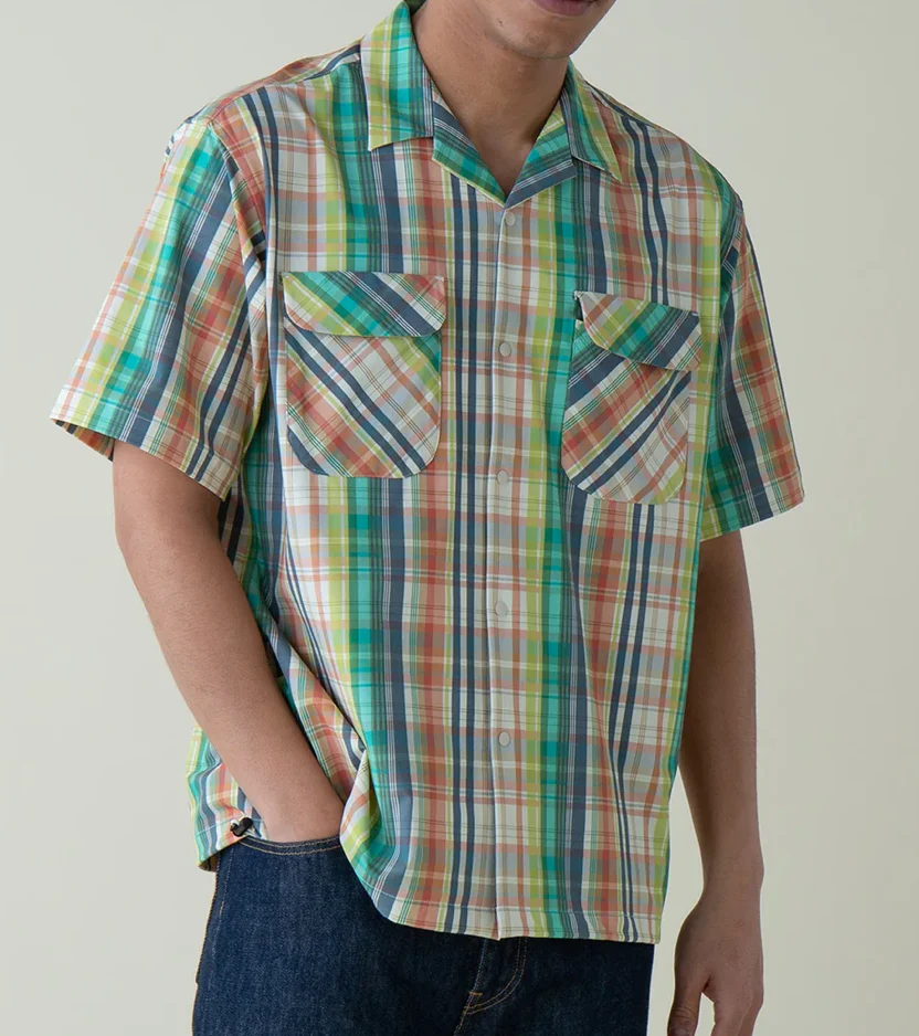 Open Collar Shirt Jacket - Green/Ivory Madras - Image 5