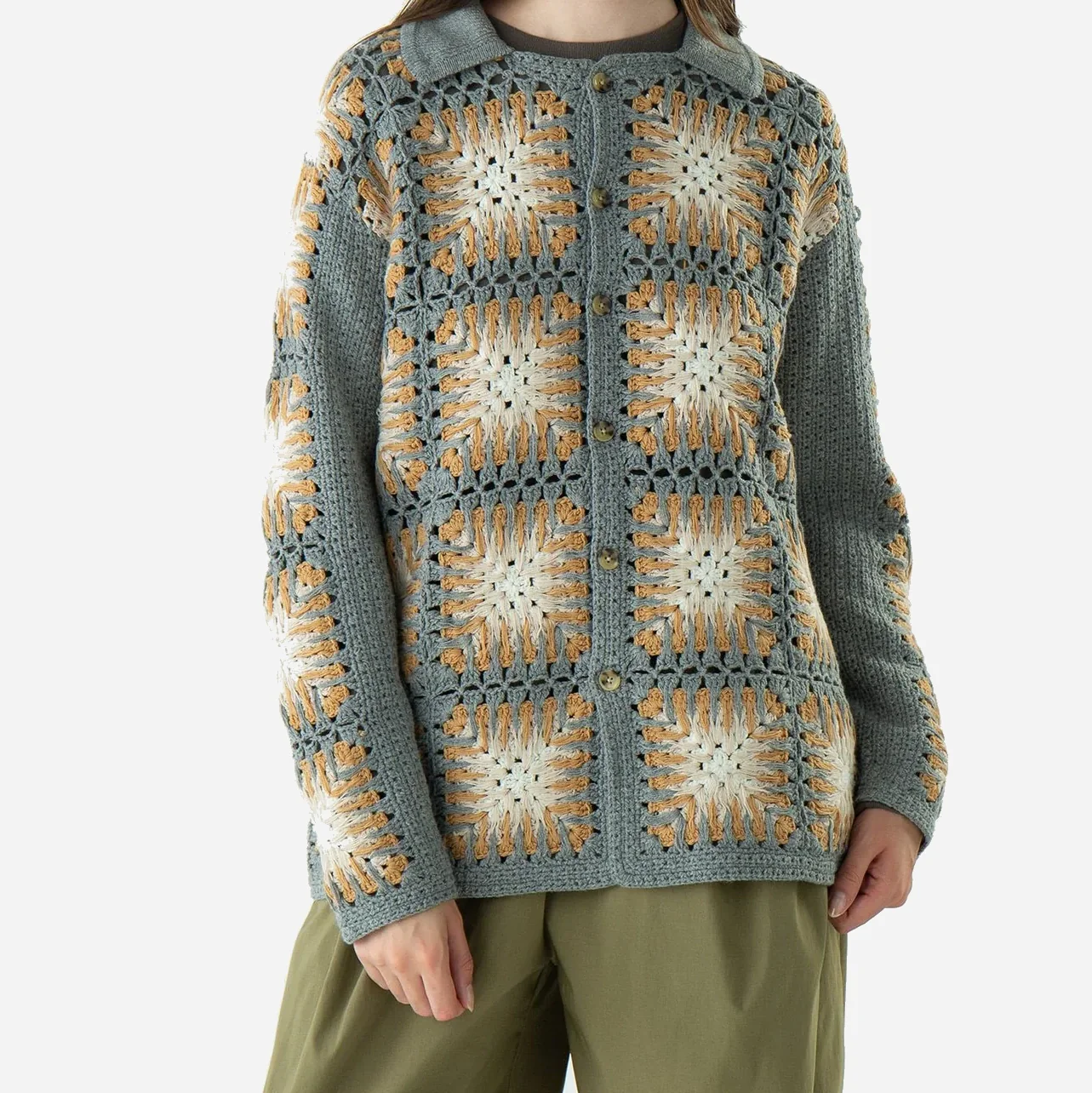 Crochet Polo Knit - Mustard/Grey