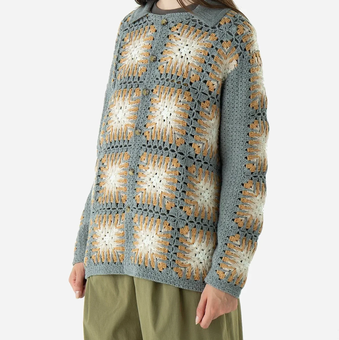 Crochet Polo Knit - Mustard/Grey - Image 2