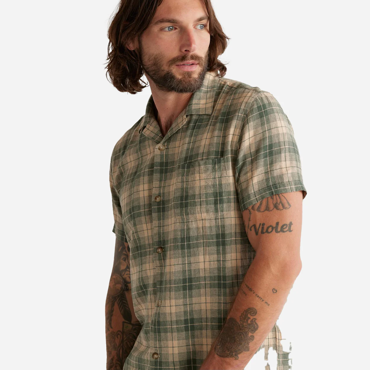 Linen Camp Shirt - Green / Khaki Plaid - Image 3