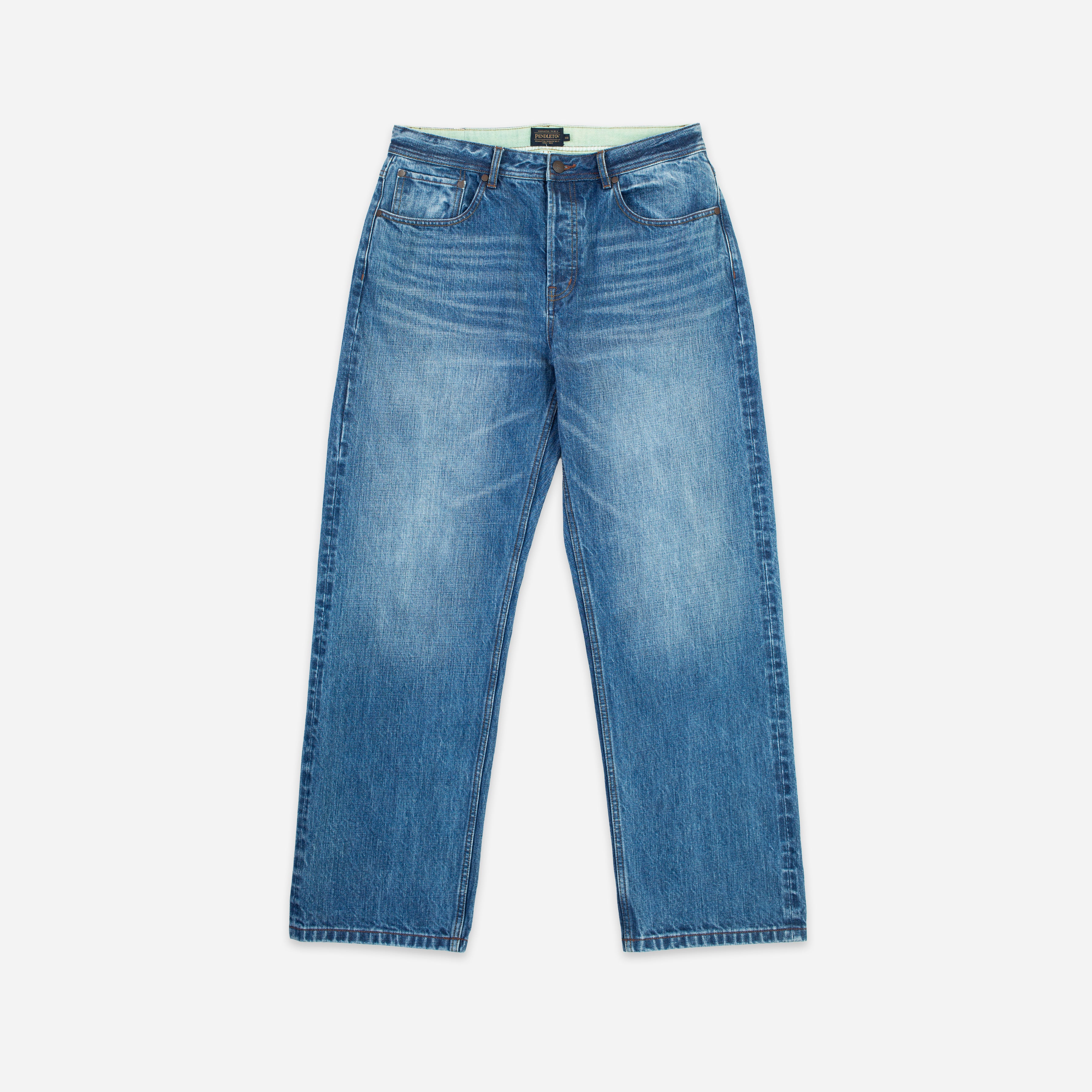 Selvedge Needlework Straight Denim Jeans - Washed Blue
