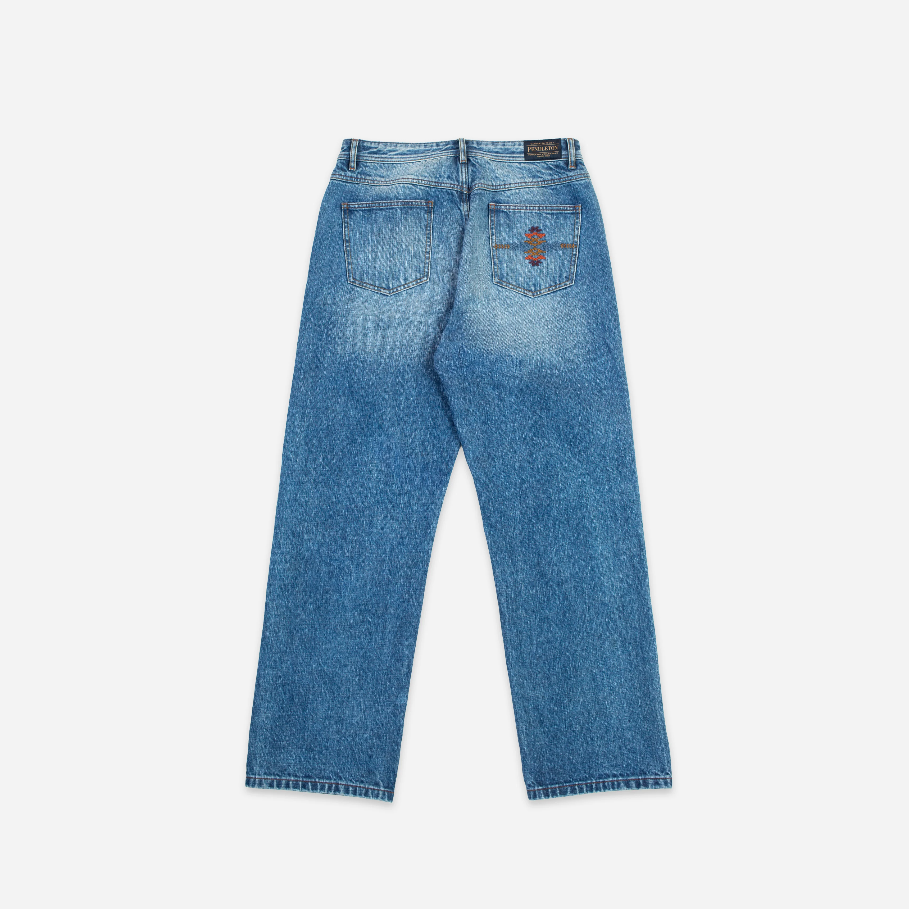 Selvedge Needlework Straight Denim Jeans - Washed Blue - Image 2