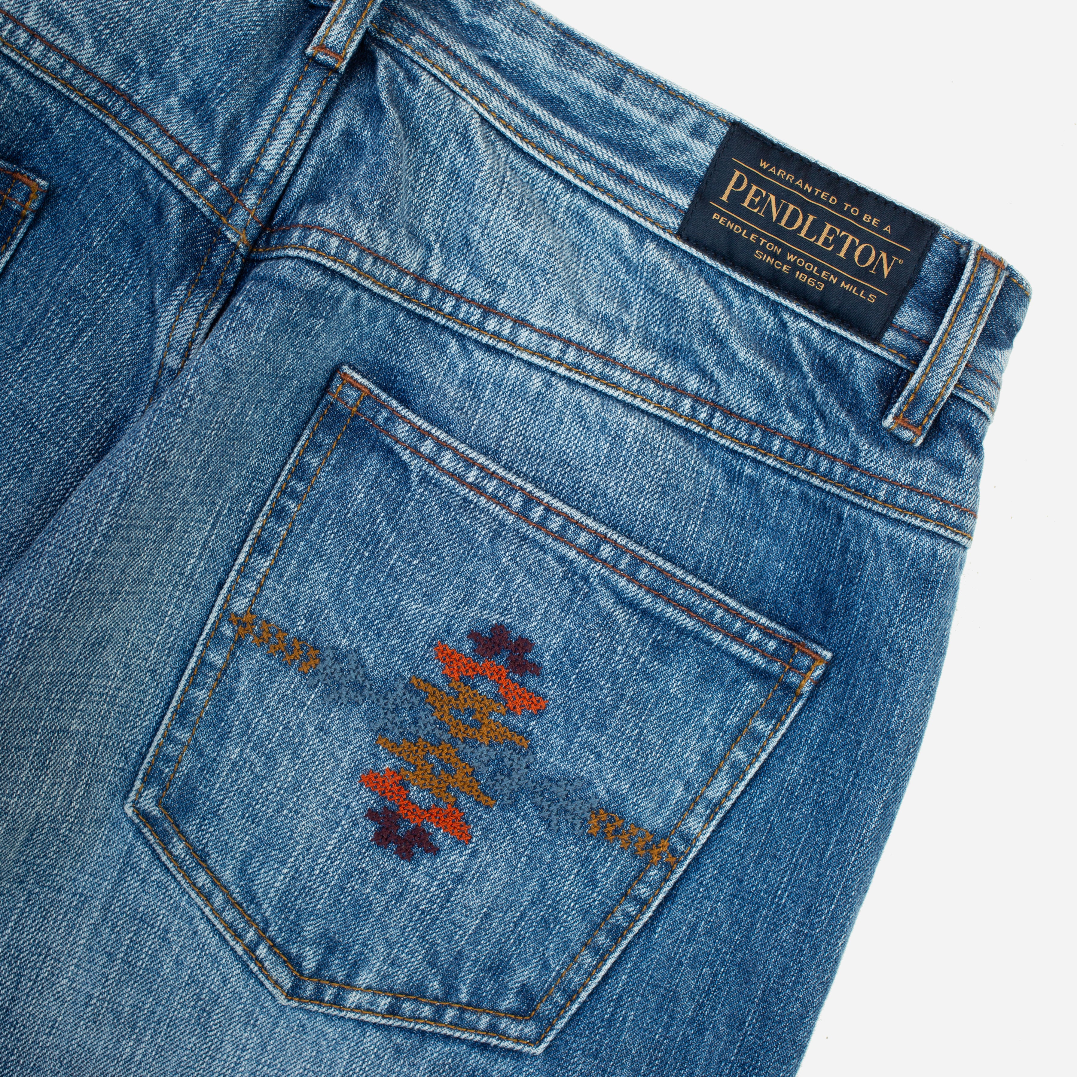 Selvedge Needlework Straight Denim Jeans - Washed Blue - Image 3