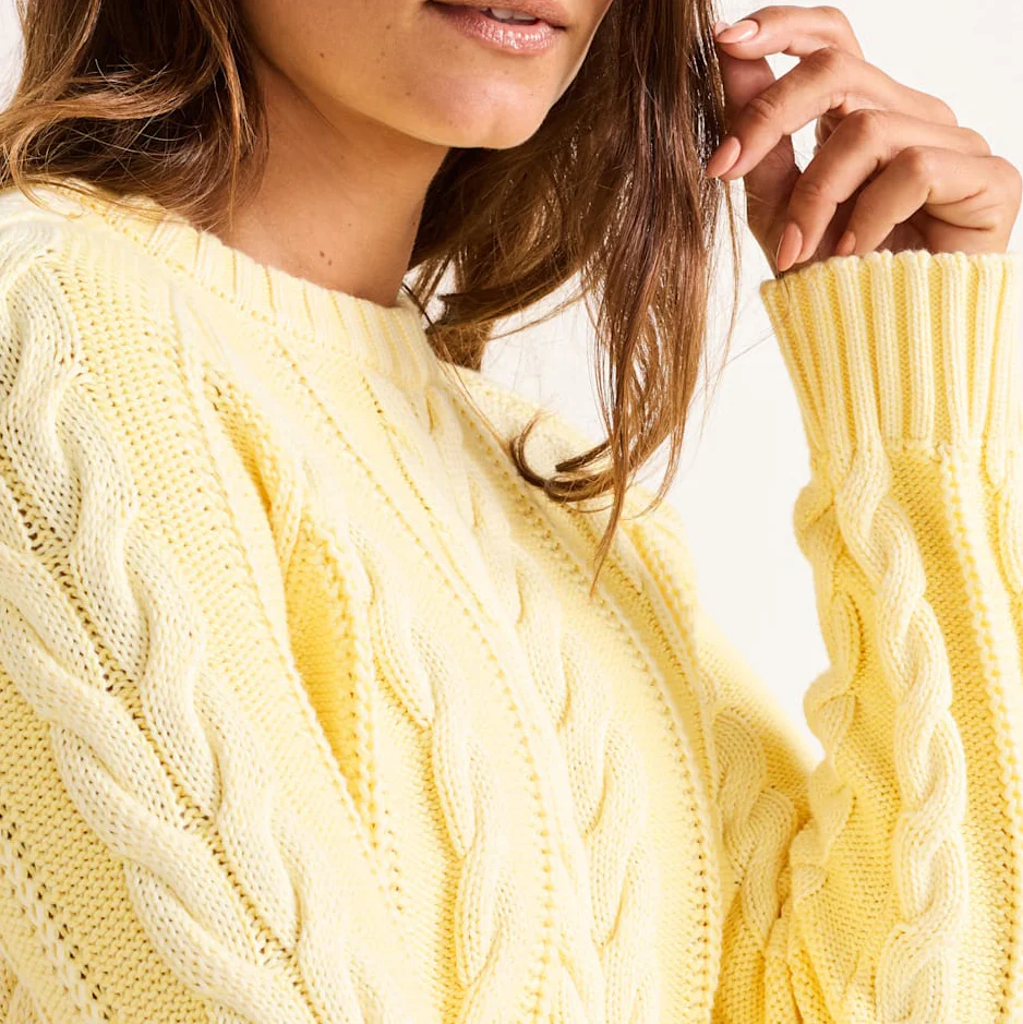 Women's Cotton Cable Sweater - Butter Yellow - Image 4