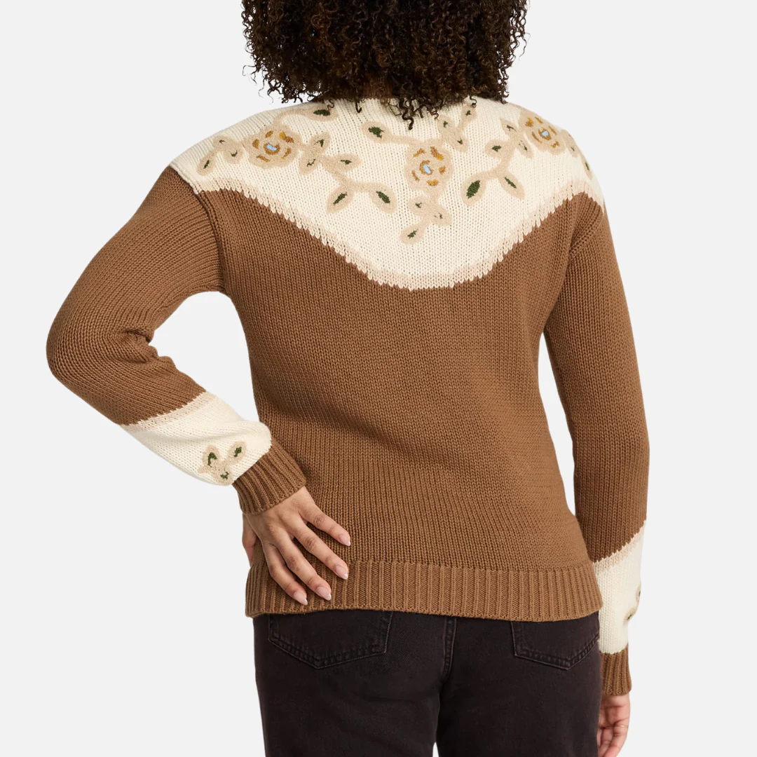Womens Western Floral Henley Sweater - Spice Brown - Image 2