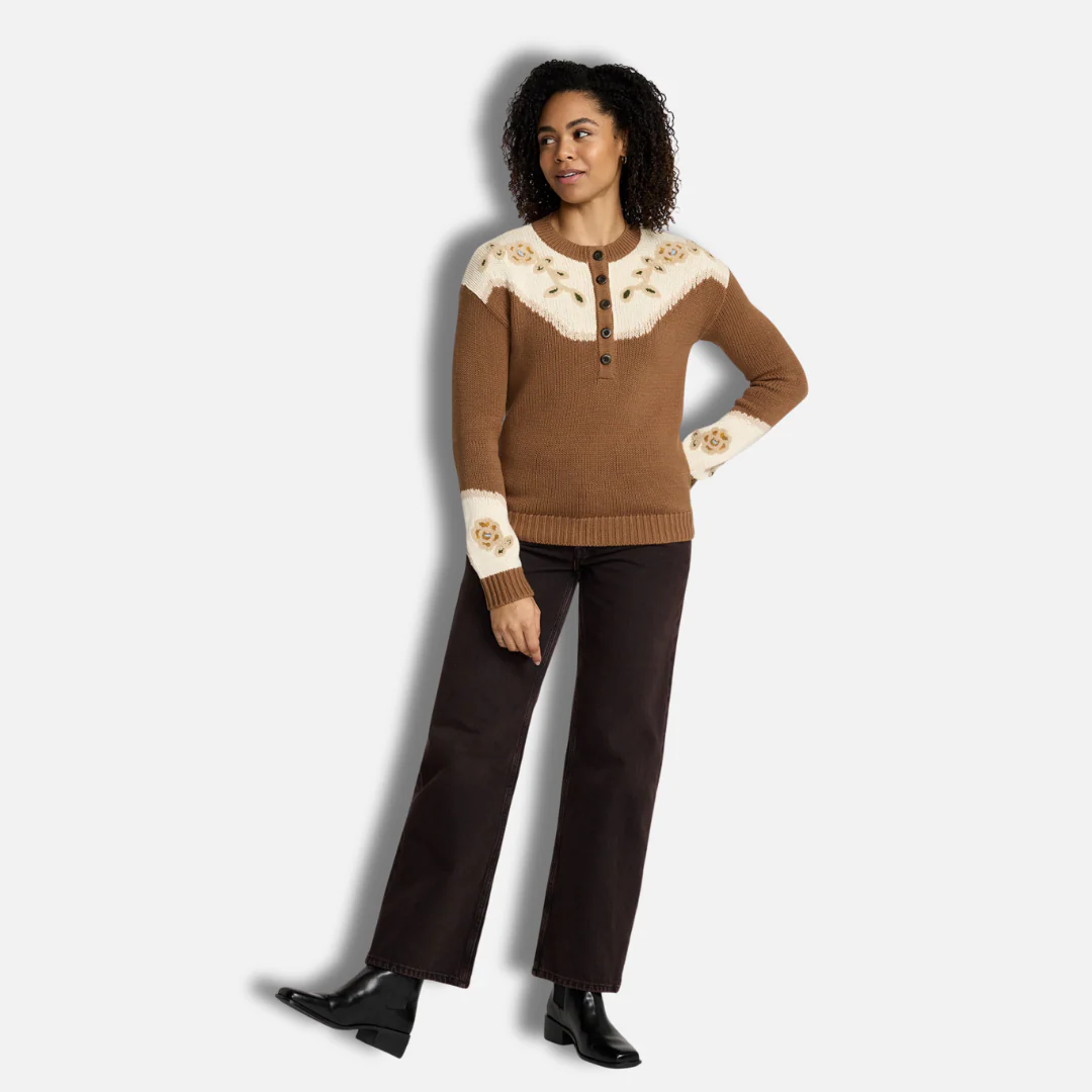 Womens Western Floral Henley Sweater - Spice Brown - Image 3