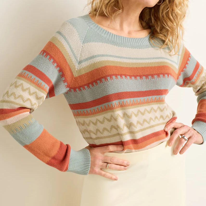 Women's Raglan Cotton Sweater - Rust/Blue Multi - Image 3