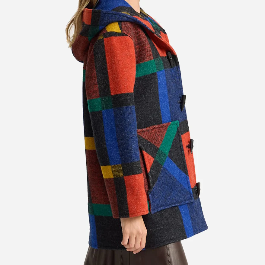 Womens Wool Duffle Coat - Block Plaid - Image 3