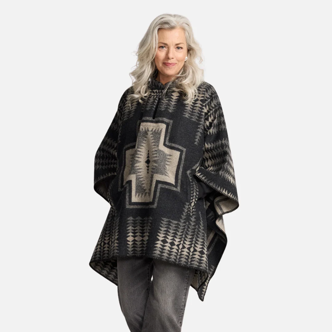Womens Wool Poncho - Harding Black/Tan - Image 5