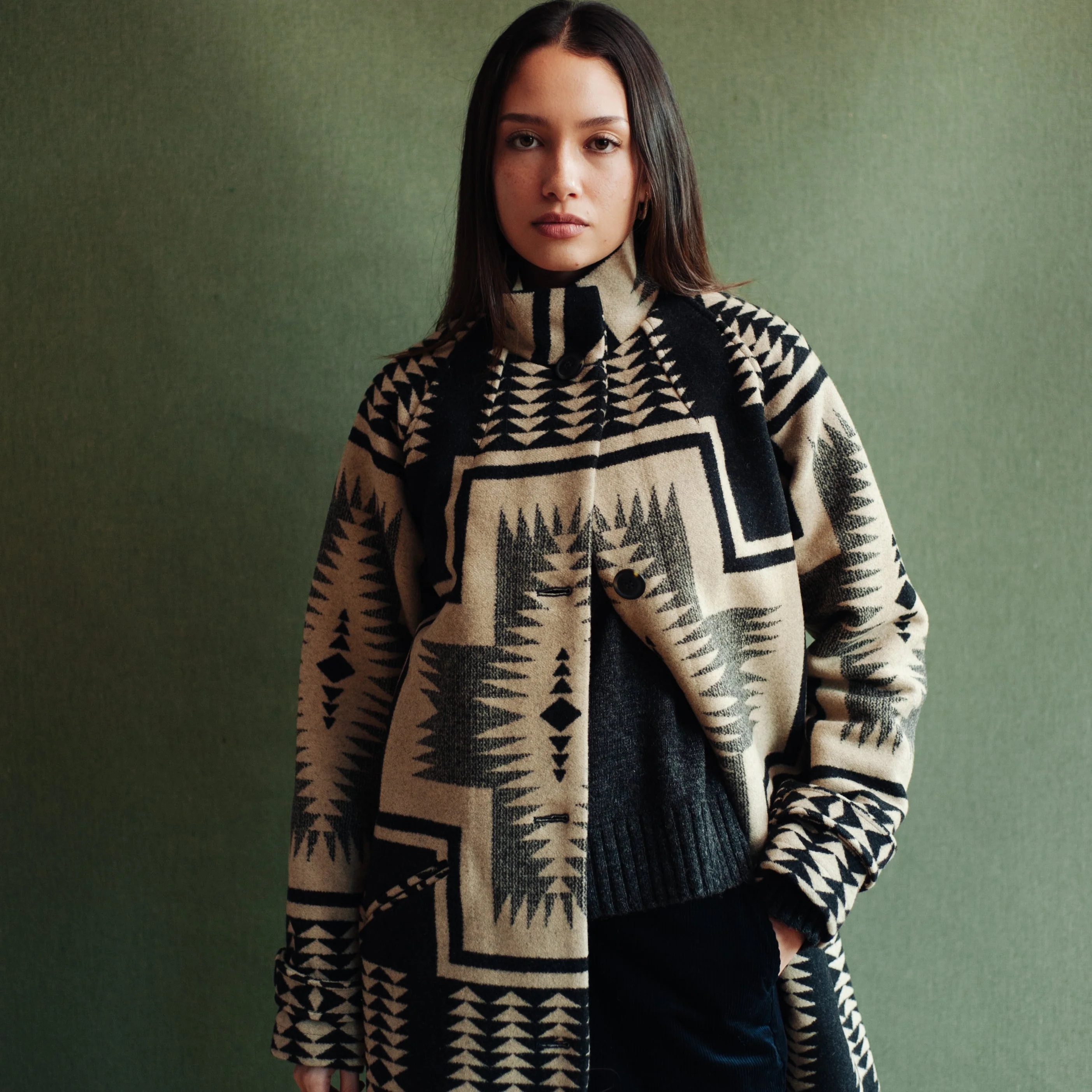 Womens Wool Timberline Coat - Black/Tan Harding