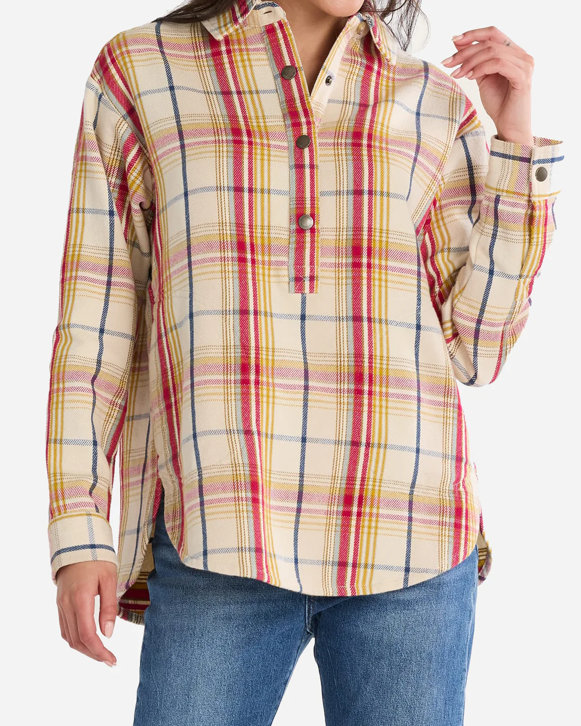Womens Plaid Popover Shirt - Antique White Multi