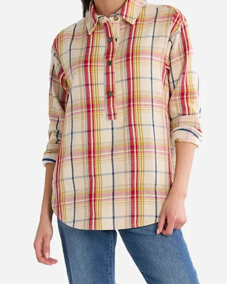 Womens Plaid Popover Shirt - Antique White Multi - Image 3