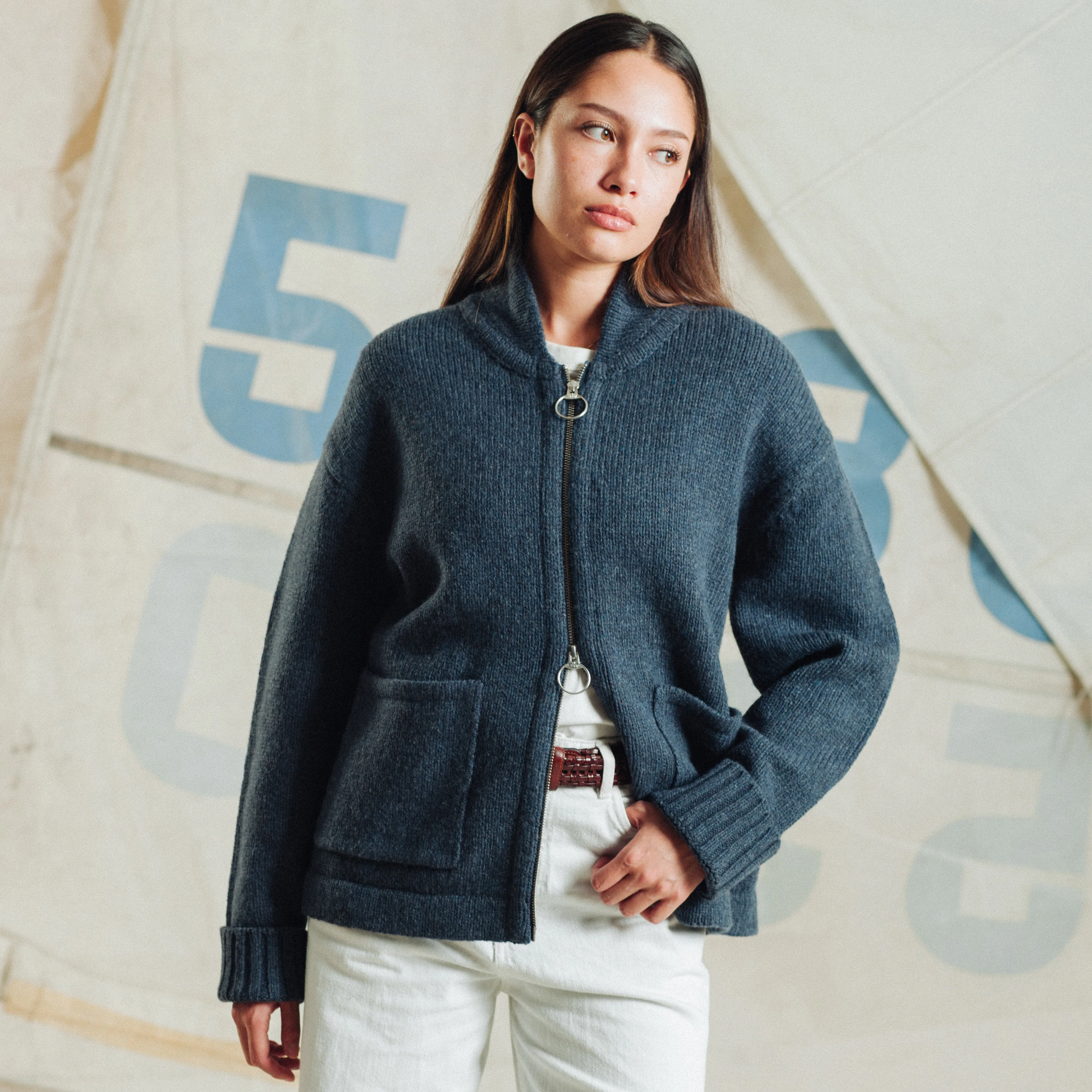 Lambswool Zip Cardigan - Navy - Image 6