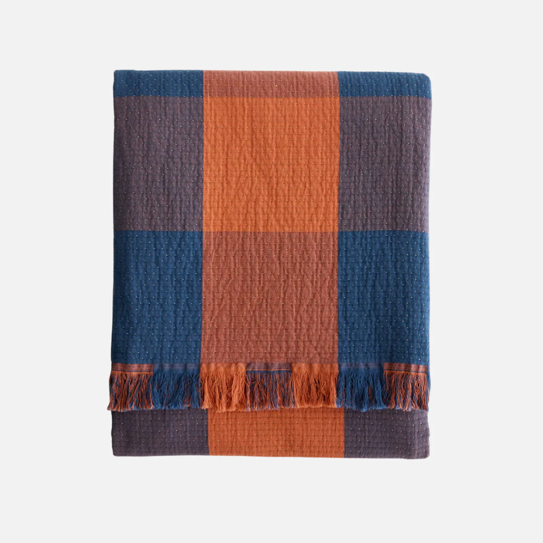 Organic Cotton Plaid Throw - Copper/Indigo - Image 3